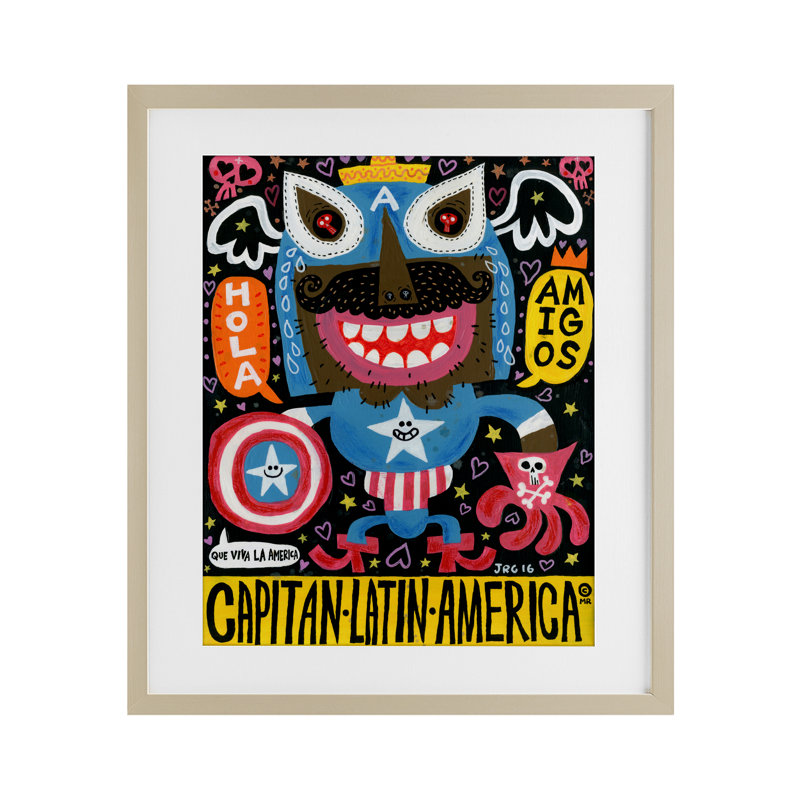 Todos Somos Americanos, impression sous verre encadrée par Jorge R. Gutierrez, H 21 po x l 17 po, Cadre de récolte en pin