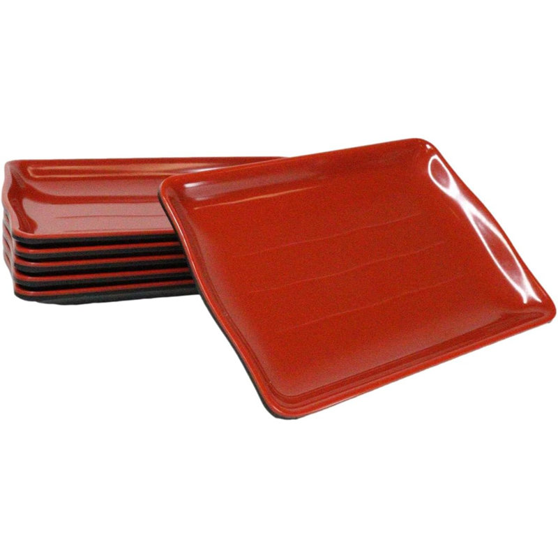 Ensemble de 6 assiettes à sushi ondulées rectangulaires traditionnelles en mélamine rouge et noire L 8 po