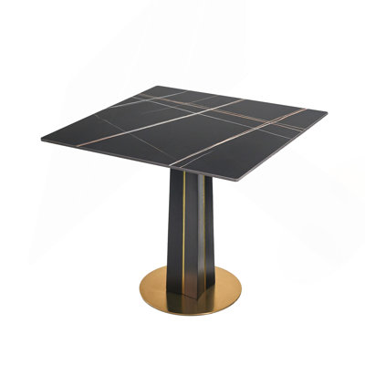 Modern Square Negotiation Table - 85Cm Black Sintered Stone Top, Black Wooden Legs With Metal Base