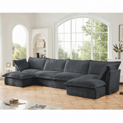 Canapé modulaire à assise large en U avec housse et housse, canapé à 4 places avec bordures françaises, plusieurs grands coussins, canapé moelleux à siège profond et moelleux pour salon, appartement, velours côtelé gris