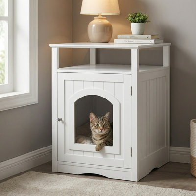 Modern Cat Litter Box Enclosure Furniture with Storage Shelf & Side Hook, Hidden Cat House Cabinet with White Finish for Living Room Bedroom