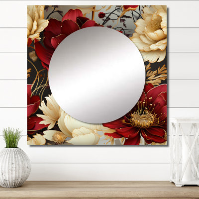 Riches fleurs opulentes de coquelicots beiges et rouges - grand miroir mural floral décoratif pour chambre à coucher