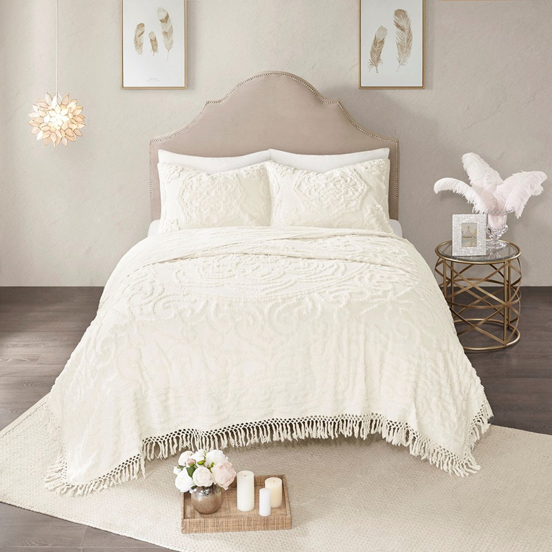 Couvre-lit King/King en chenille de coton à franges médaillon, franges 100 % tendance pour lit King, élégant
