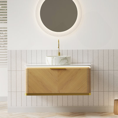 Meuble-lavabo 36 po, meuble de rangement flottant en contreplaqué, tiroir avec poignée et capteur de lumière, vasque en céramique blanche à motif de pierre et plateau en pierre frittée, pré-assemblé, grain de bois de chêne Corolla