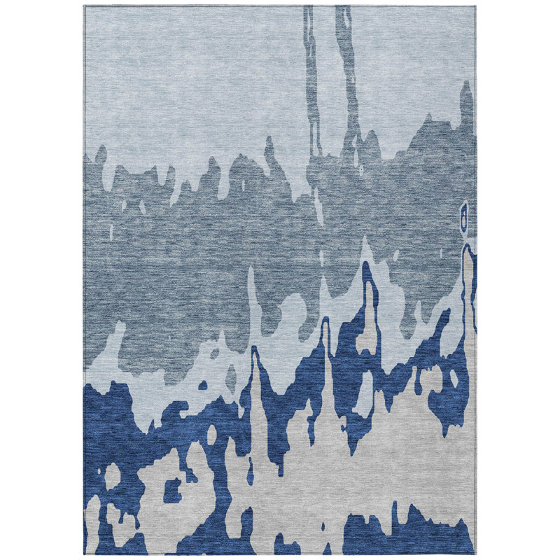 Tapis extérieur lavable abstrait bleu ciel et bleu denim Everette 3 pi x 5 pi Everette