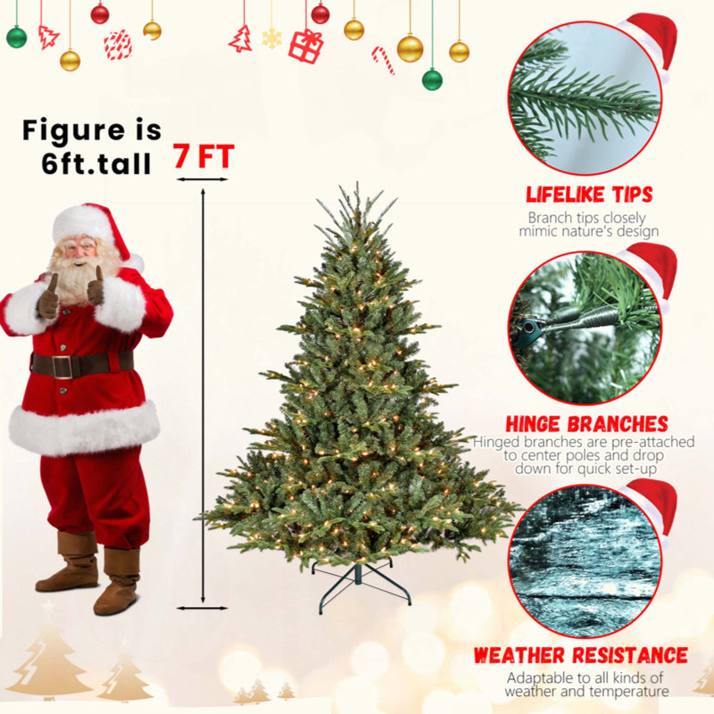 Arbre de Noël pleine forme avec 150 lumières UL - branches mixtes en PE / PVC, 673 pointes, base large pour les espaces spacieux, structure à charnières, support en métal stable