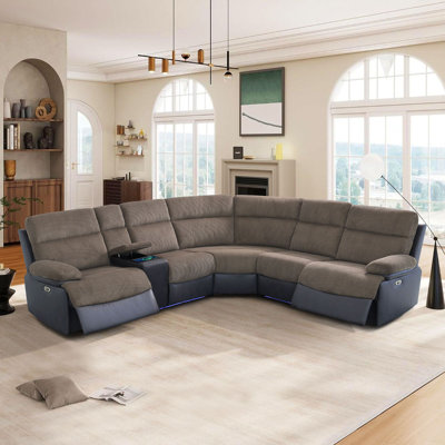 189.7" Brown Fabric & Black Technical Fabric 3-Piece Power Reclining Sectional Sofa