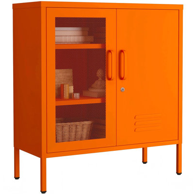 Armoire de rangement avec porte en maille et métal orange verrouillable, casier en acier robuste à 3 niveaux avec 2 tablettes réglables, armoire d'appoint pour salon, bureau personnel, H 33 po x l 29,5 po x P 13,8 po