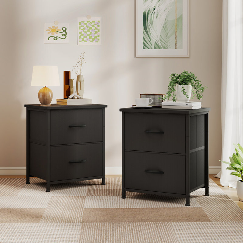  Ensemble de 2 tables de chevet, petite commode 2 tiroirs, table de chevet légère et portable pour chambre d'enfant, Noir, 2