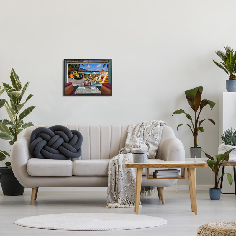 Az-039 - Diner rétro encadré avec vue sur la plage, H 16 po x l 20 po x P 1,5 po, Giclée encadrée noir minuit