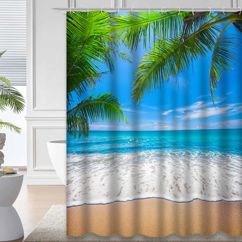 Tropical Beach, cocotier, beauté, bleu, côte de nuages avec 12 crochets, L 72 po x l 84 po