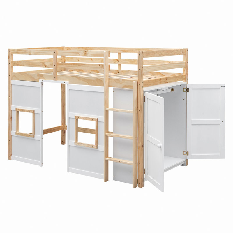 Lit mezzanine en bois avec garde-robe de rangement intégré et 2 fenêtres