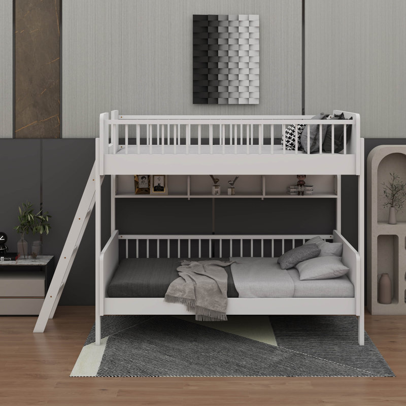 Twin Size Bunk Bed With Shelves,Ladder Can Be Changed Left Or Right, White