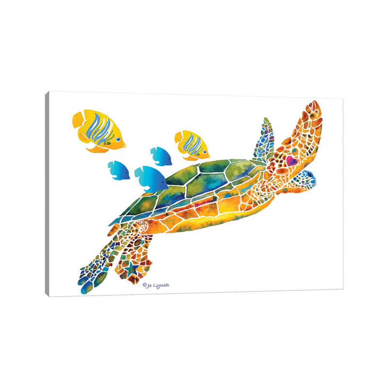 Sea Turtle With Fish by Jo Lynch - Wrapped Canvas Gallery-Wrapped Canvas Giclée, 20.32cm H x 30.48cm W