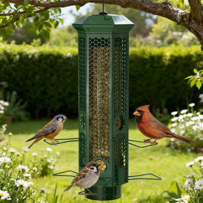 Squirrel Proof Bird Feeder With Gravity Protection System, 6 Feeding Ports With Perches, Removable Base For Easy Cleaning, 3LB Seed Capacity, All-Metal Weatherproof Outdoor Design