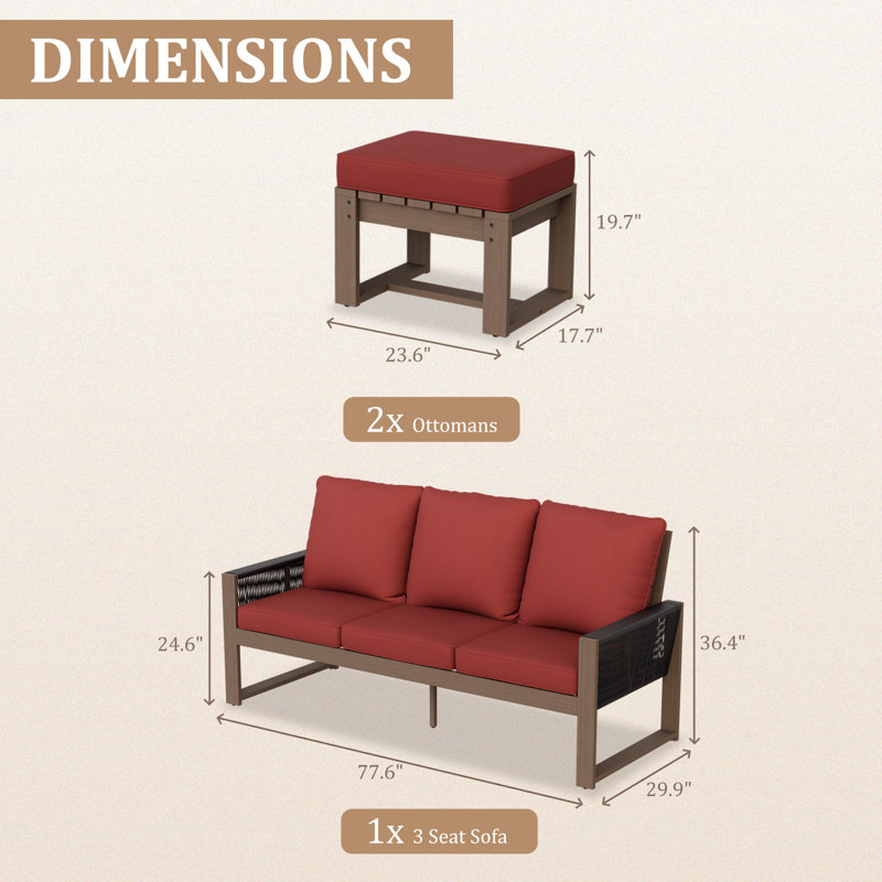 Ensemble de conversation pour 3 personnes avec canapé et patio en bois de cèdre, Rouge