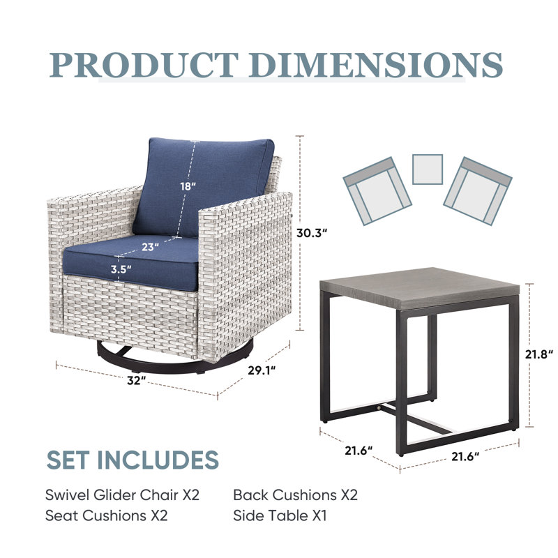 Hildale 3 - Piece Wicker Rattan 2 - Person Swivel Seating Group with Side Table, Blue