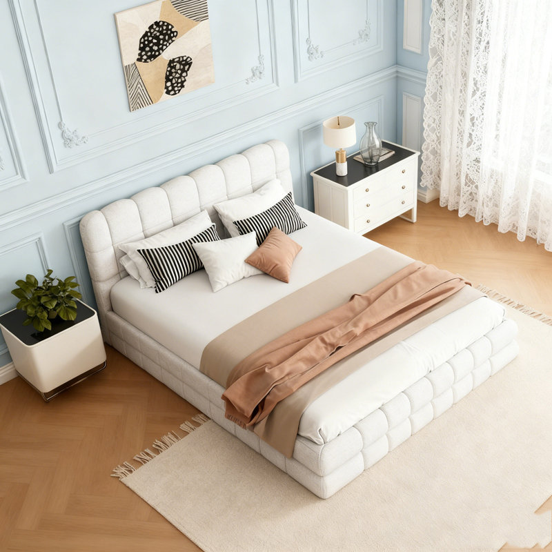 Grand lit plateforme tapissier Berber, Blanc