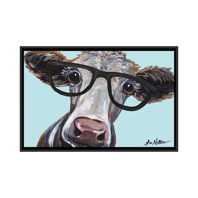 «Cora the Cow with Glasses», impression sur toile, H 32 po x l 48 po x P 1,5 po, Toile avec cadre photo, Noir
