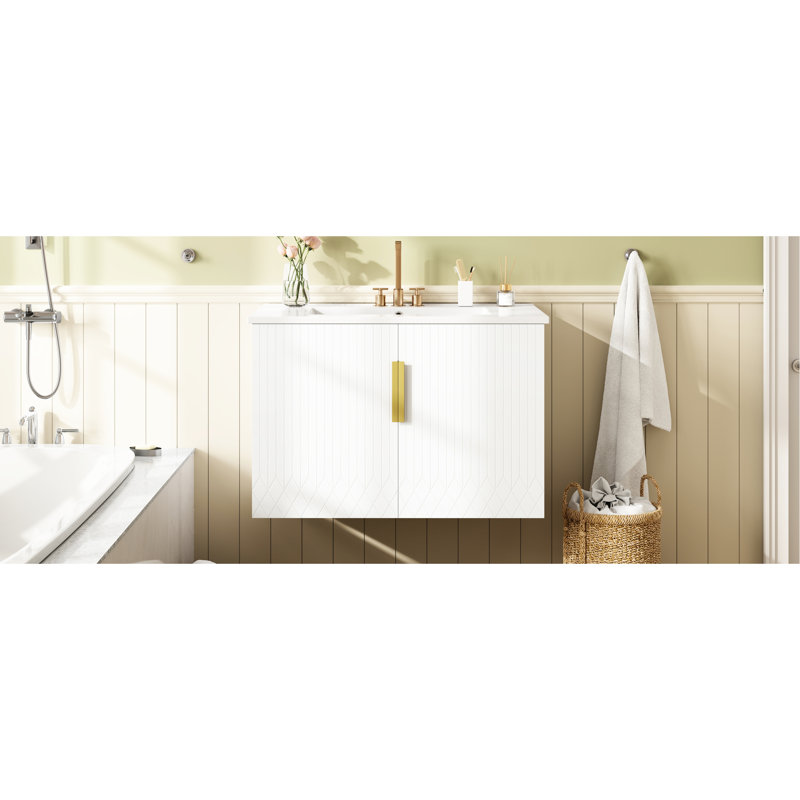 Meuble-lavabo vintage de 30 po avec lavabo en céramique à 3 trous, rangement à deux portes, matériaux muraux, quincaillerie de corrosion, assemblage facile avec trous, esthétique moderne, finition grattable réglable,