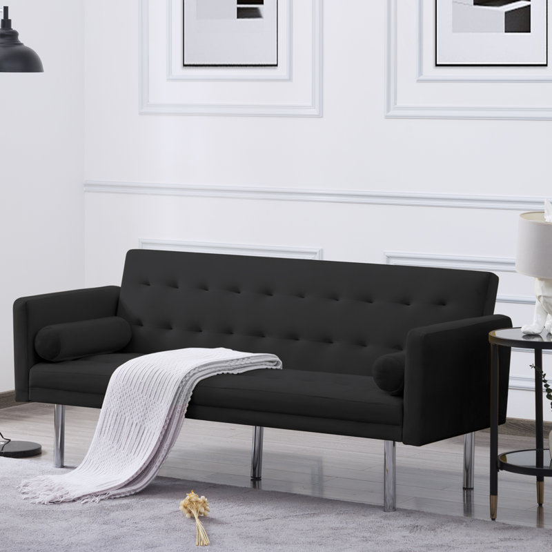 Canapé-lit simple en velours de 68,5 po Hollilouise, Velours noir