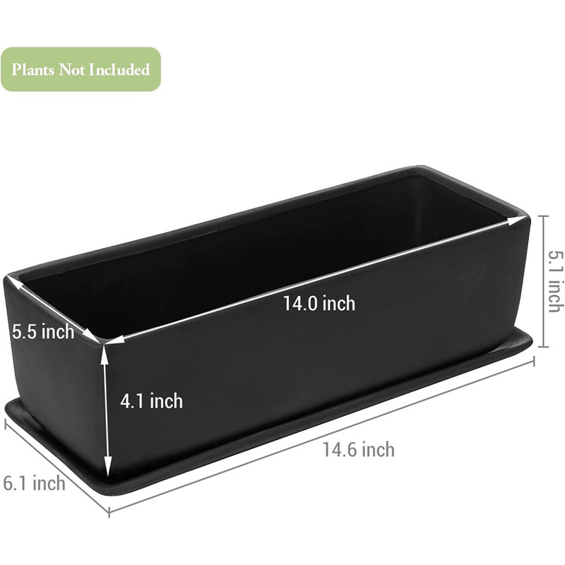 Pot d'intérieur en céramique, plante grasse rectangulaire, Noir, H 8 po x l 17 po x P 9 po