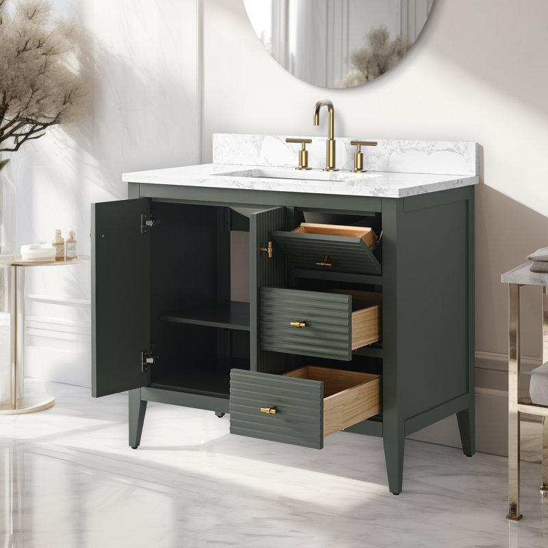 Ensemble de meuble-lavabo autoportant à simple cuve 36 po avec plateau en marbre Lavallon, Doré brossé, Linéaire vert rétro