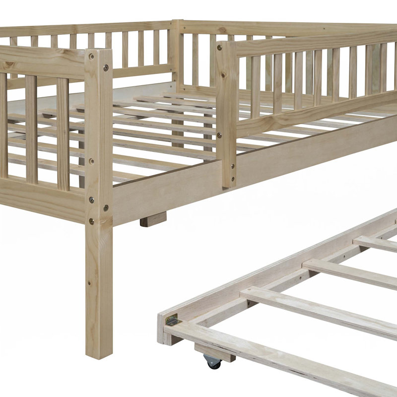 Wood Daybed With Trundle And Fence Guardrails, Natural, Full/Double