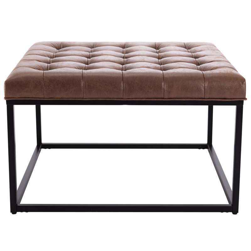 28" Square Button Tufted Metal Ottoman With Multiple Fabric Options, Dark Brown Faux Leather