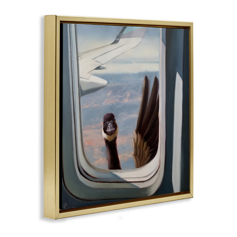 «Goose in Air plane Window Scene», art mural encadré par Lucia Heffernan, Cadre flottant métallique doré, H 18 po x l 18 po