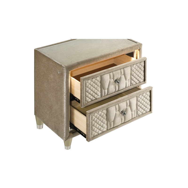 Camel And 2 Nightstand With Led Dual - Soft Glow From Led, Fully Upholstered In Velvet, Clear Tempered Glass Top, Built-in Ports, Felt-lined Drawer, Solid Engineered Wood Build