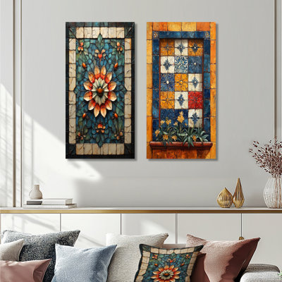 Orange Balkan Tiles I - Boho Tiles Wall Art 2 Pieces Set