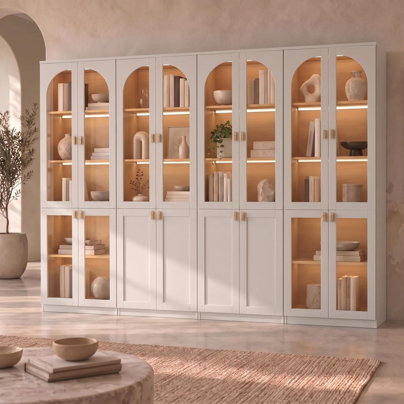 Bibliothèque blanche H 71 po x l 94,4 po avec portes et tablettes en verre Cathcart, H 71 po x l 94,4 po x P 13,6 po, White