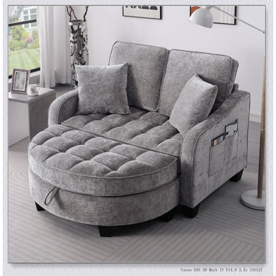 Canapé à deux places avec accoudoirs et dossier irréguliers, rangement pour repose-pieds et coussins décoratifs pour le salon et la chambre à coucher