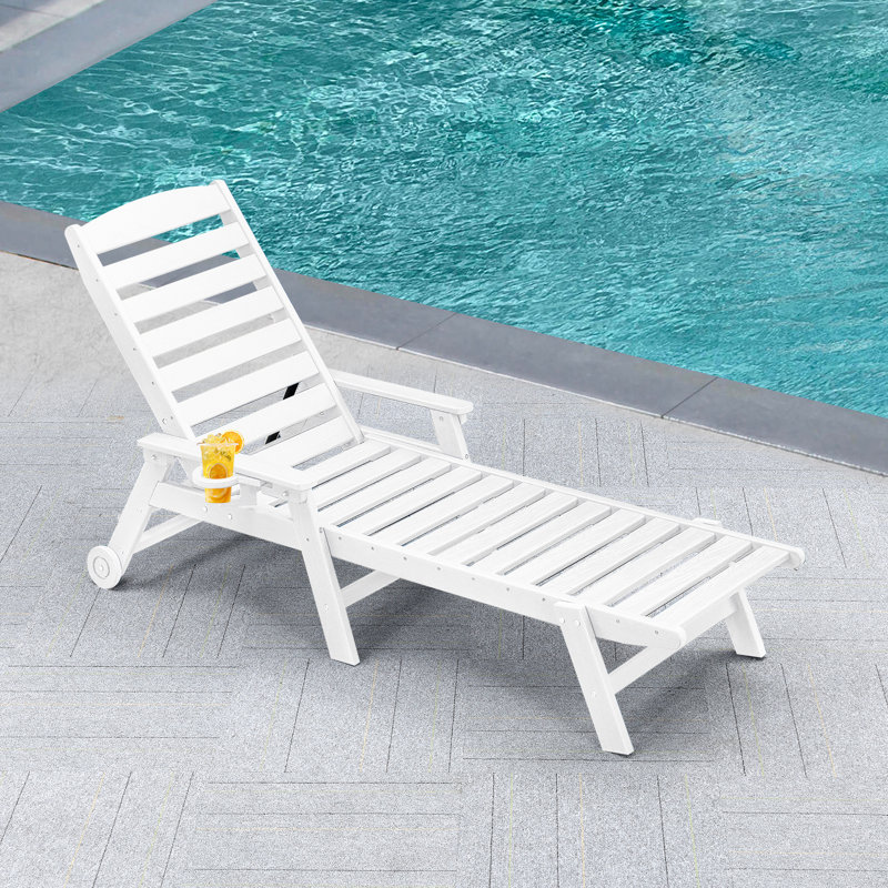 Seehill 5-Position HDPE Chaise Lounge with Wheels & Cup Holder, Adjustable Outdoor Patio Lounger for Beach, Deck & Backyard, Pearl