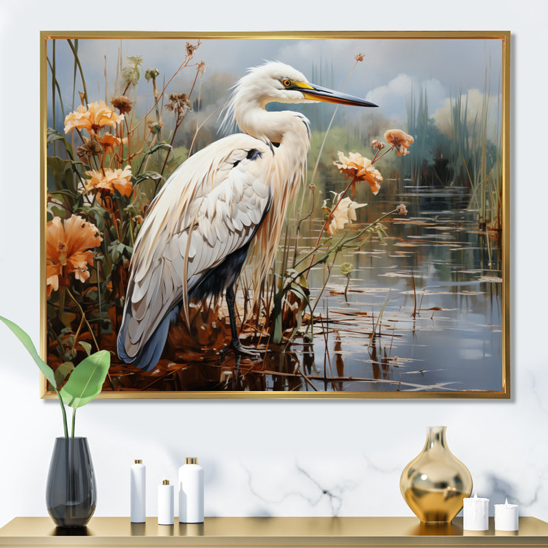 Héron pêche blanc, héron, art mural, H 12 po x l 20 po x P 1 po, Cadre flottant doré