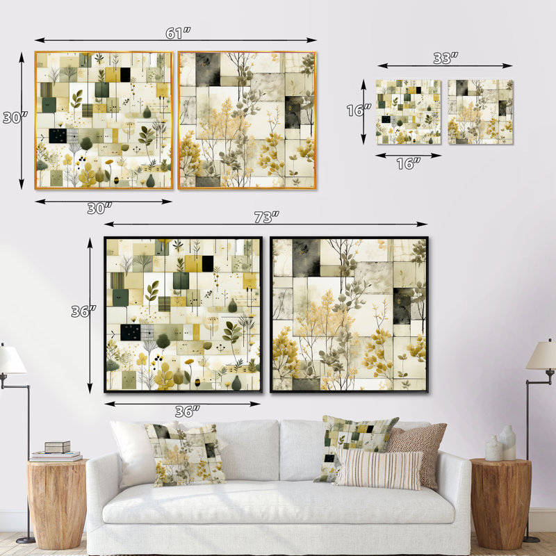 Green Cubic Botanical Dreams - Ensemble de 2 collages carrés botaniques abstraits, Cadre flottant noir, H 16 po x l 33 po