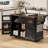 54.9" Kitchen Island With Drop Leaf, Power Outlet, Kitchen Storage Cart With 4 Door Shelves, Cross Barn Doors & Visual Glass Door, Rolling Kitchen Island On 4 Wheels For Kitchen, Dining Room-1580211174