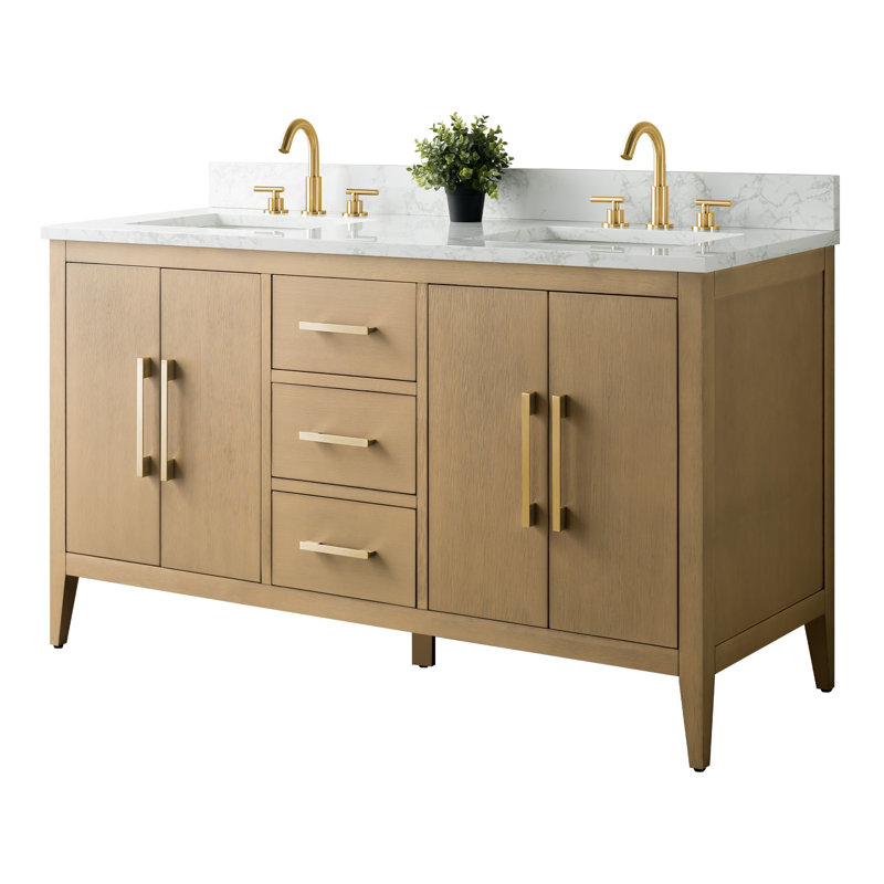 Ensemble de meuble-lavabo double 60 po avec plateau en marbre Chambery, Chêne naturel, Or brossé