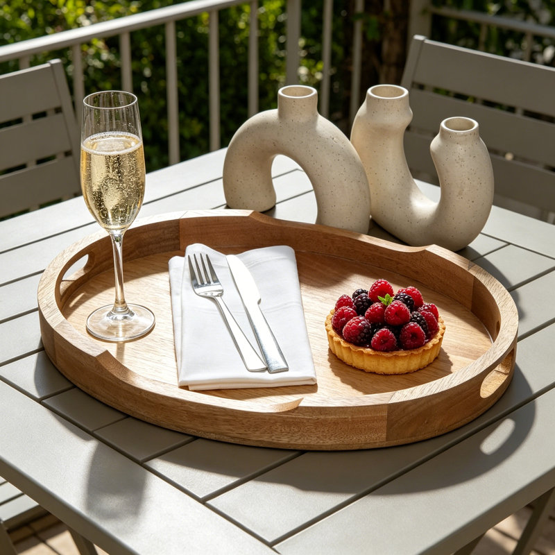 Wooden Serving Tray For Coffee Table And Ottoman - Decorative Charcuterie Board And Fruit Basket Organizer, Natural Beige Rectangular Tray