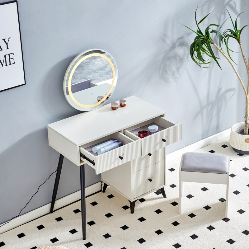 Fluted Makeup Vanity Desk With Round LED  Mirror And Lights, Modern Glass Top Big Vanity Table With 4 Drawers & Adjustable Shelves, Dressing Table Set  With Stools Table With Movable Side Table