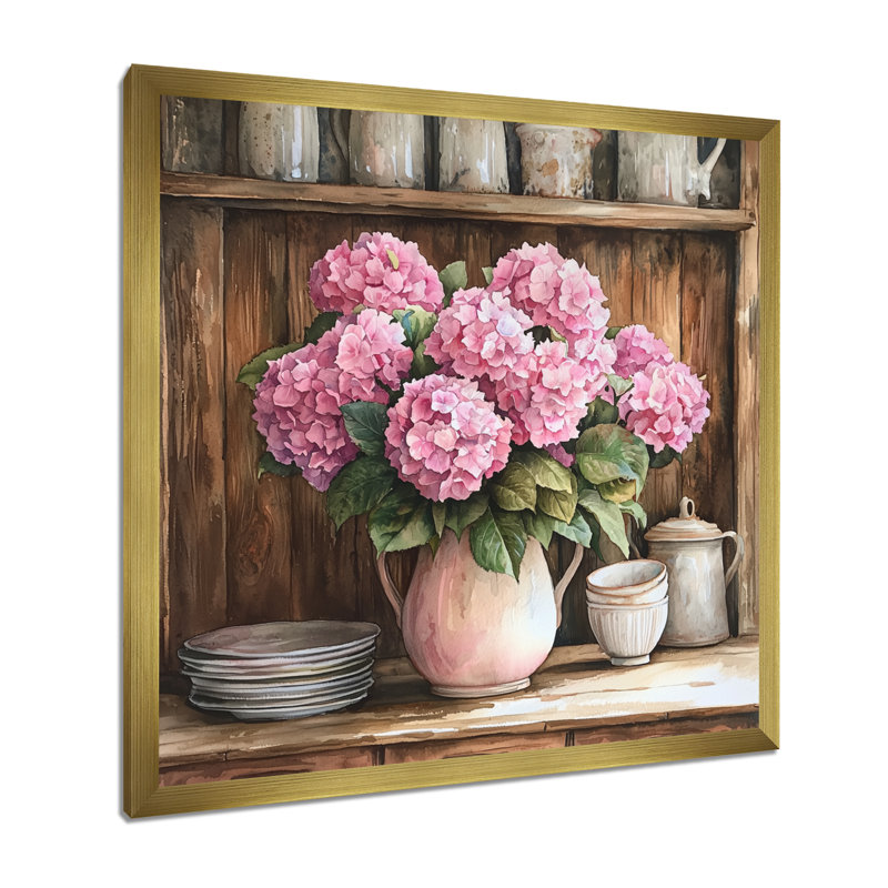Hortensias à la ferme dans un vase en poterie III - hydrangées, art mural, H 36 po x l 36 po, Picture Framed, Doré