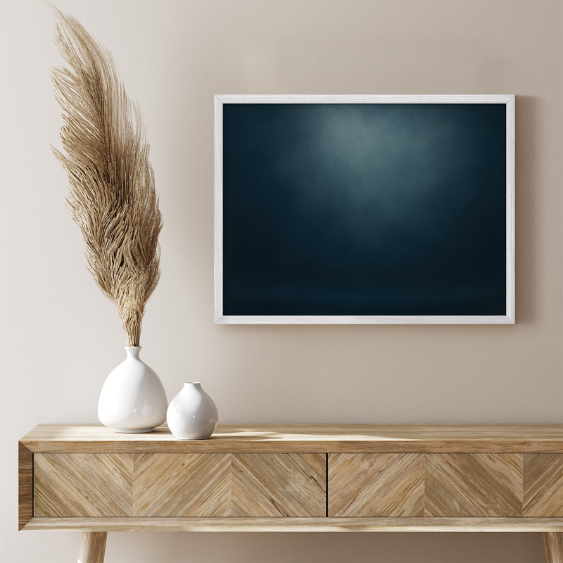 Impression d'art abstrait encadré lueur bleu profond, dégradé minimaliste Moody pour bureau ou salon moderne, Blanc