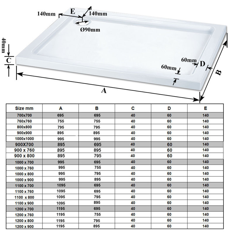 Carnbore Stone Standard Shower Tray - White, 40mm H x 1400mm W x 800mm D