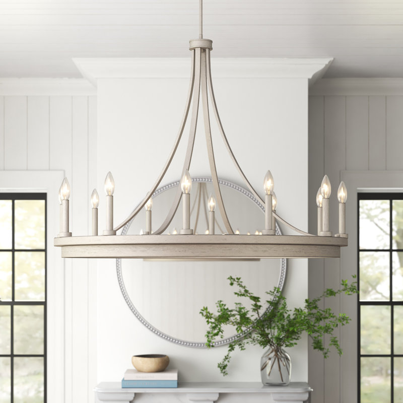 Marconi 12-Light Dimmable Wagon Wheel Chandelier , Ivory Wash