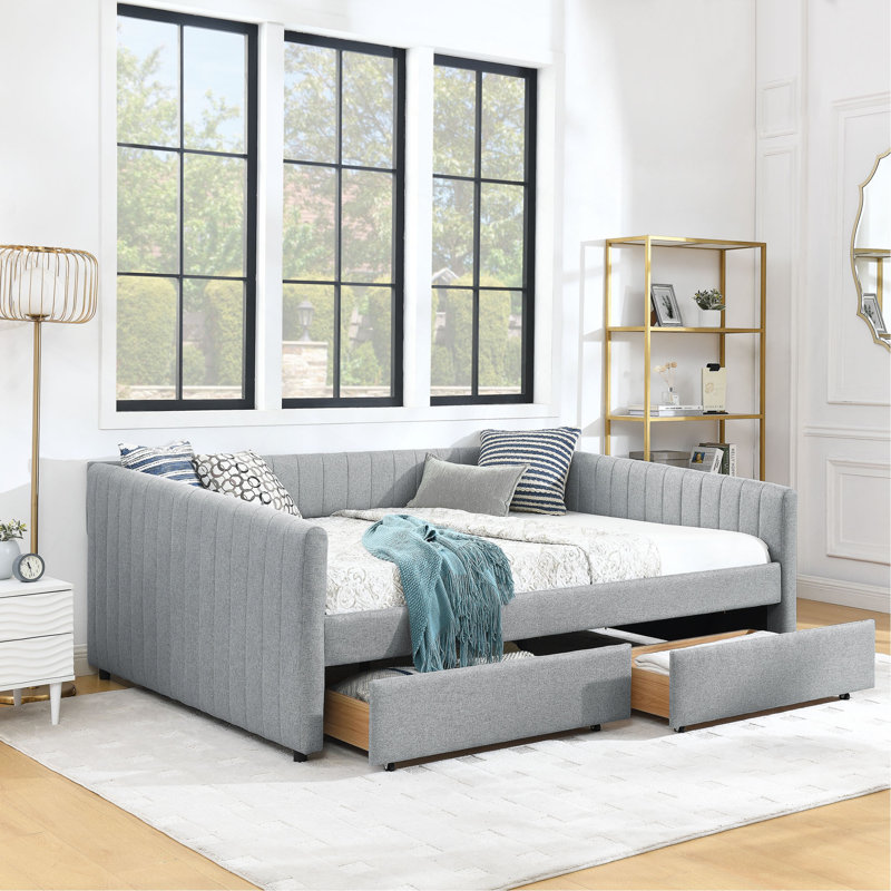 Queen Size Daybed With Two Drawers Trundle Upholstered Sofa Bed, With Vertical Stripes Linen Fabric, Grey (86.5"X65"X30")
