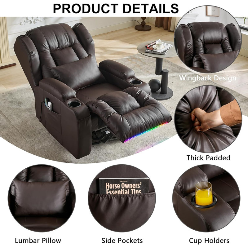 Brown Faux Leather Swivel Recliner with Massage and LED Lights