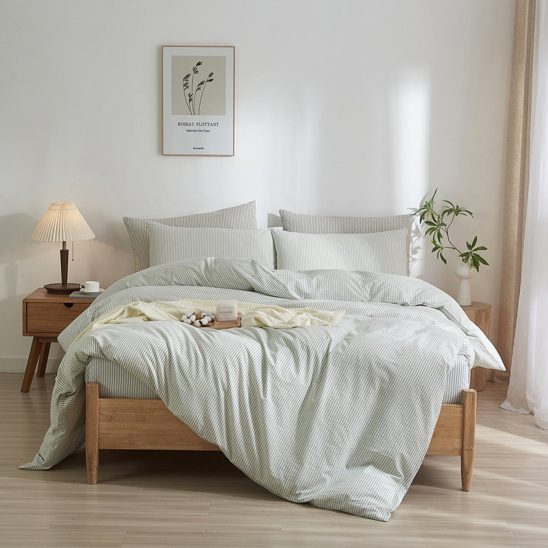 LIFETOWN Striped Duvet Cover Set,3 Pcs Breathable Durable 100% Washed Cotton Comforter Cover for All Seasons, Chic Linen Like Textured Bedding Set.