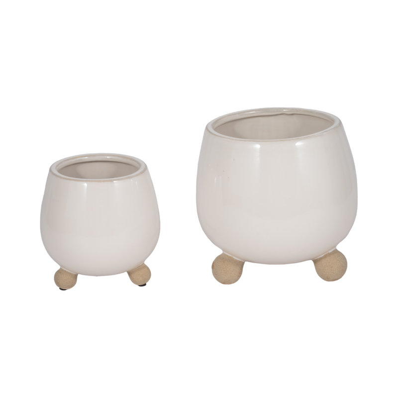 Ereka Stoneware and Ceramic Footed Round Planters with Triple Ball Base Design Set of 2, Ivory