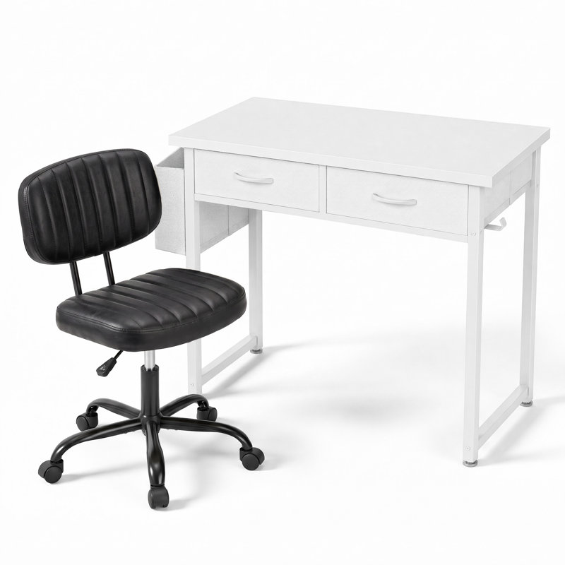 Home Office Furniture Set, 32" Computer Desk And Adjustable PU Leather Task Chair Set, White/Black